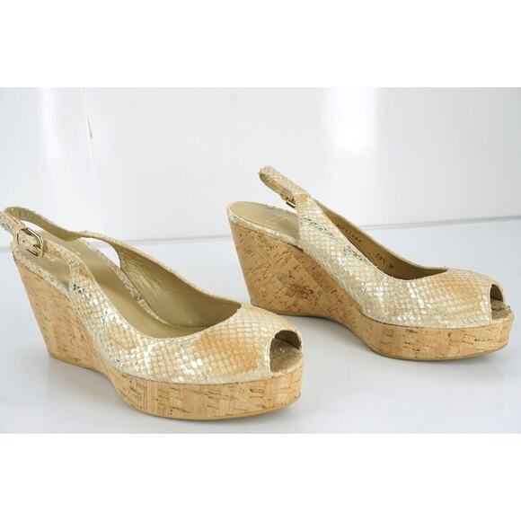 Stuart Weitzman Jean Metallic Snake Slingback Cork Wedge Heel Sandal SZ 10.5 New - Picture 11 of 11
